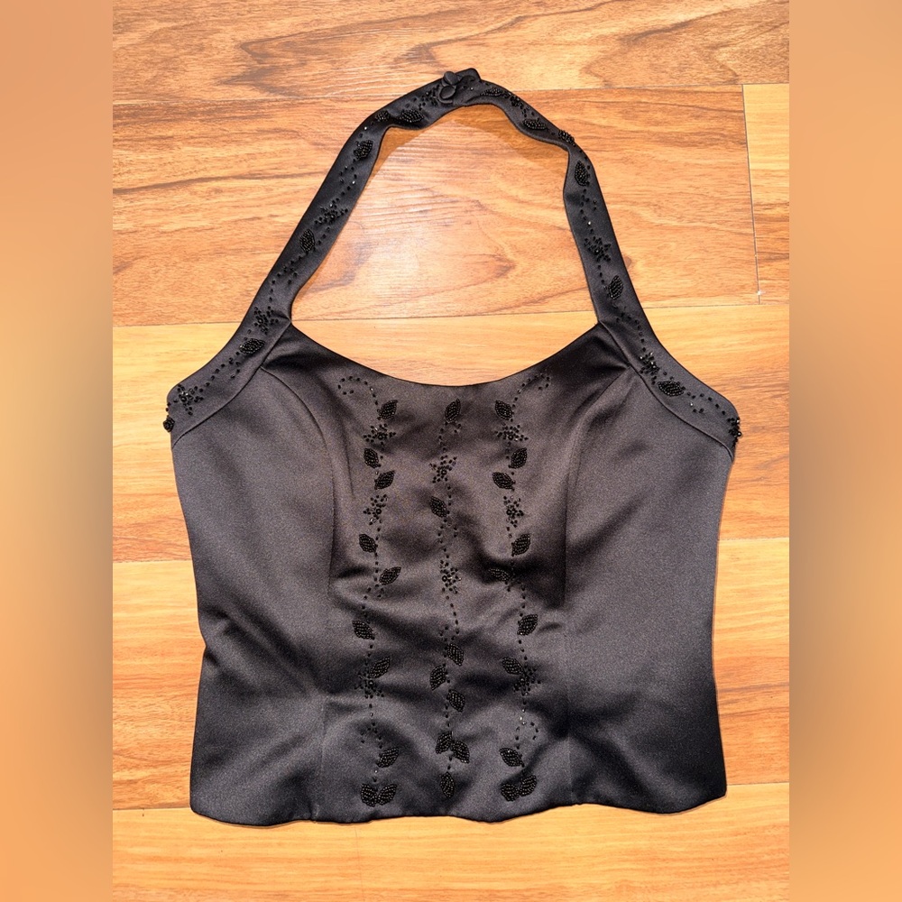 Vintage Pinky & Me black satin halter top beaded corset. Medium